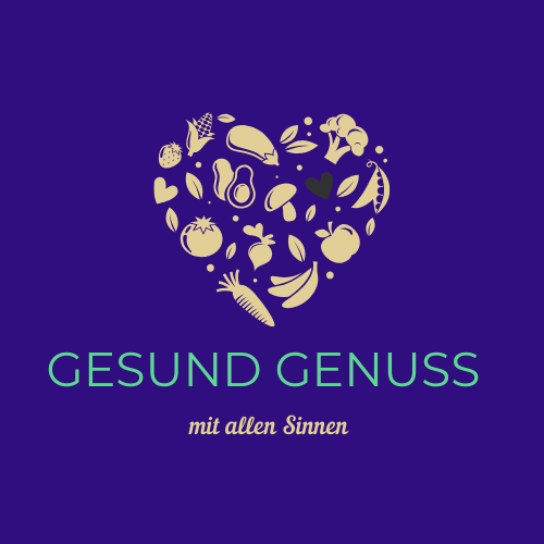Gesund Genuss Logo - purple mit gelben Zutaten und dunklem Herzen