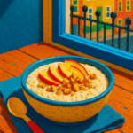 soft overcast natural light from a window, muted colors, subtle shadows. Set the breakfast on a rustic wooden café table near a London townhouse window (painted white). Include a ceramic bowl with creamy Bircher Müsli topped with fresh apple, nuts and a hint of cinnamon. Surrounding elements: a linen napkin, a small spoon, a subtle London street reflection in the window, maybe a classic black iron balcony railing in the blurred background. The mood is cozy but urban, modern, minimalistic and slightly artistic.