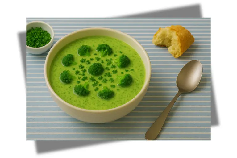 Brokkoli Creme Suppe in einer cremefarbenen Schüssel mit im Kreis arrangierten Röschen auf einer blau gestreiften Tischdecke, Löffel nebendran und oben rechts ein abgerissenes Stück Baguettebrot