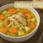 Hühnersuppe mit Karottenscheiben, Kartoffelstücken und Hühnchenbruststücken in einer Schüssel