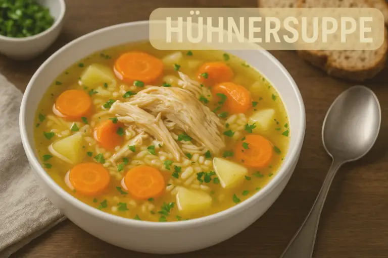Hühnersuppe mit Karottenscheiben, Kartoffelstücken und Hühnchenbruststücken in einer Schüssel