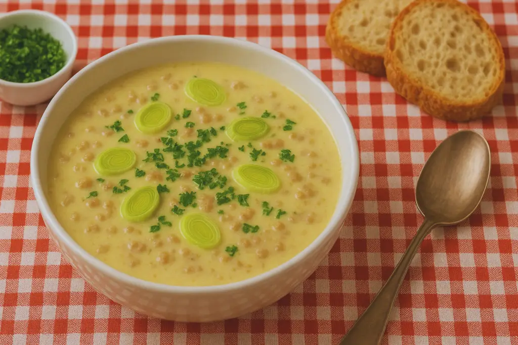 Suppenbowl mit Kartoffelsuppe, Hackfleischstückchen und Lauchscheiben auf einer rot-weiß karierten Tischdecke, Brotscheiben und ein Löffel komplettieren die Szene