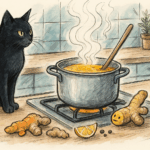 schwarzer Kater sitzt neben gelber Suppe auf dem Herd, comichafte Zeichung mit weichen Linien und pastelltönen in blau, braun und rot-gelb