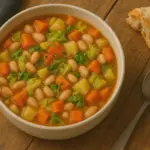 Bunte Suppe mit Karotten und Wirsing und Bohnen und Kartoffeln in einer cremefarbenen Schüssel, links oben eine Katzenspur, rechts oben ein Stück Baguette und neben der Suppenschüssel ein einfacher silbener Löffel