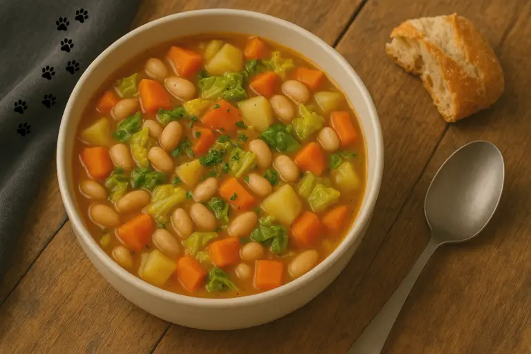 Bunte Suppe mit Karotten und Wirsing und Bohnen und Kartoffeln in einer cremefarbenen Schüssel, links oben eine Katzenspur, rechts oben ein Stück Baguette und neben der Suppenschüssel ein einfacher silbener Löffel